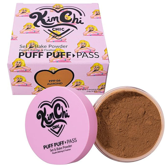 Kimchi Chic Beauty Puff Puff Pass Set and Bake Powder, Loose Face Powder with Extra Fluffy Setting Powder Puff, Soft Brown Face Makeup for Uneven Skin Tone, 06 Almond-BrightBean Baby