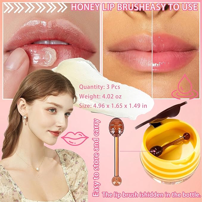2PCS Bee Lip Balm,Hydrating Honey Pot Lip Balm with Stick,Non-Greasy Silky Sleeping Lip Mask Set,Long Lasting Lip Scrubs Moisturizer for Dry Cracked Lips（Honey ＋Strawberry）-BrightBean Baby