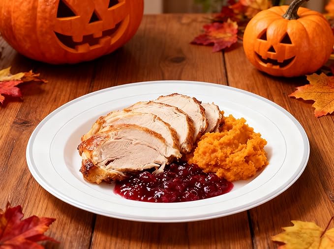 JOLLY CHEF 100 Pieces Silver Plastic Plates, 10 Inch Elegant Disposable White with Silver Rim, Plastic Plates for Thanksgiving, Birthdays and Weddings