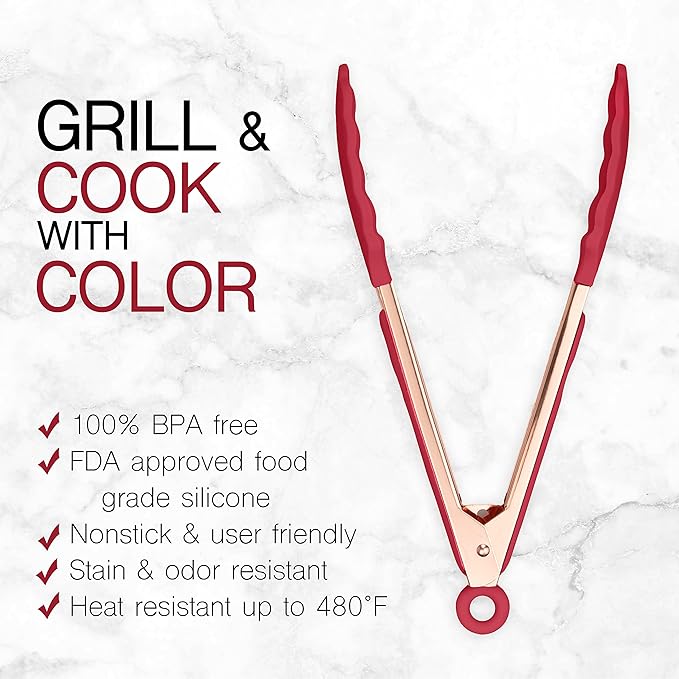 COOK WITH COLOR Stainless Steel Silicone Tipped Kitchen & BBQ Tongs Set, 2 Pc Tongs, Red