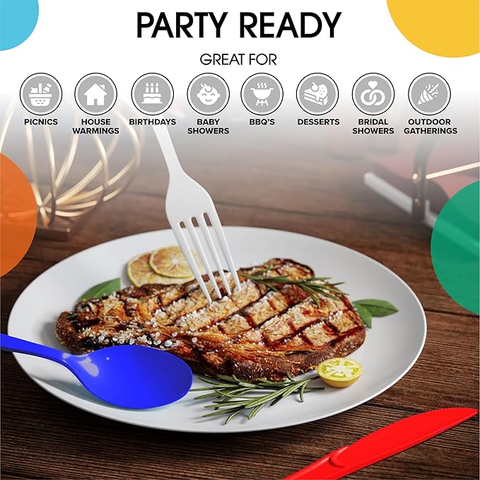 Party Solids Patriotic Plastic Silverware Heavy Duty 150 Pieces Patriotic Plastic Cutlery Sets, Utensil Sets, 50 Of Each Forks, Knives & Spoons Disposable Cutlery Set, Flatware Set For Party Supplies