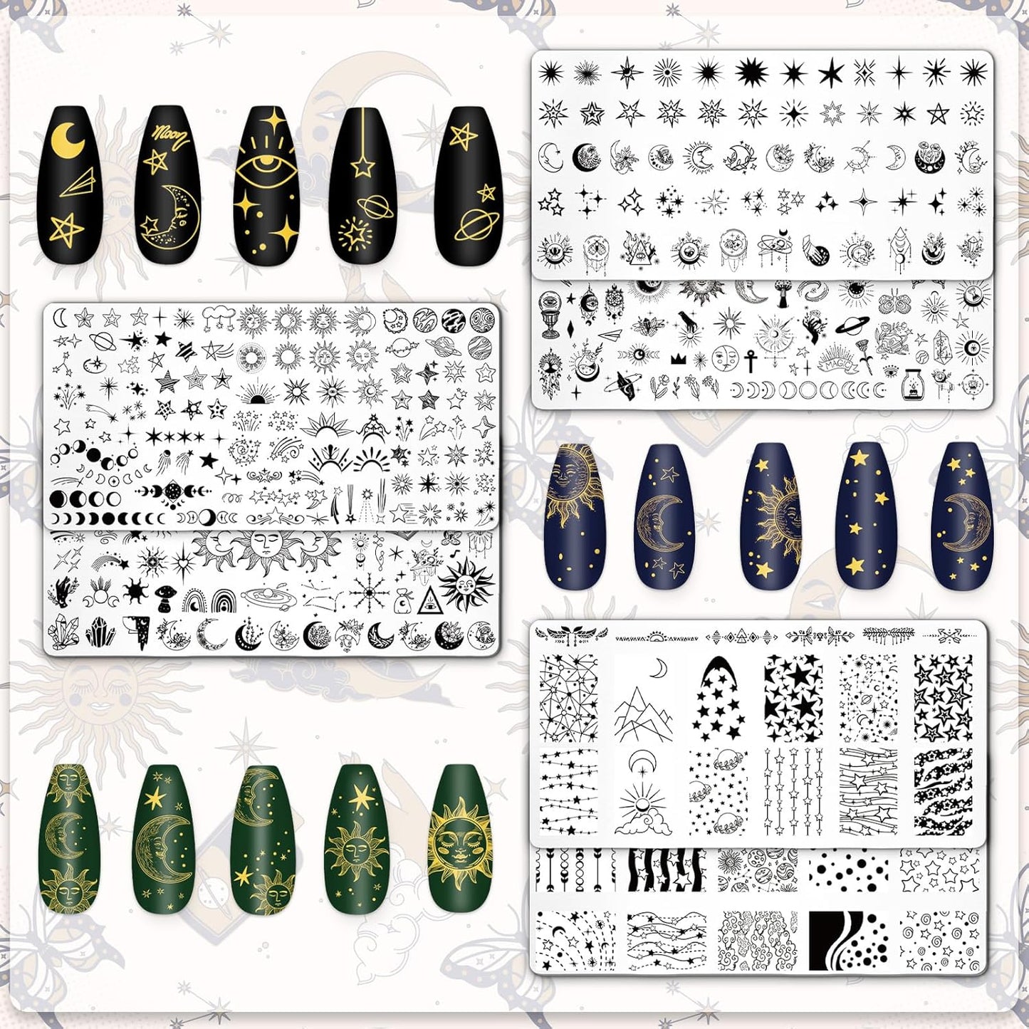 Whaline 6Pcs Sun Moon Star Nail Plates Stamping Set Groovy Stamp Templates Nail Art Plates for DIY Print Manicure Salon Design Gift Supplies-BrightBean Baby