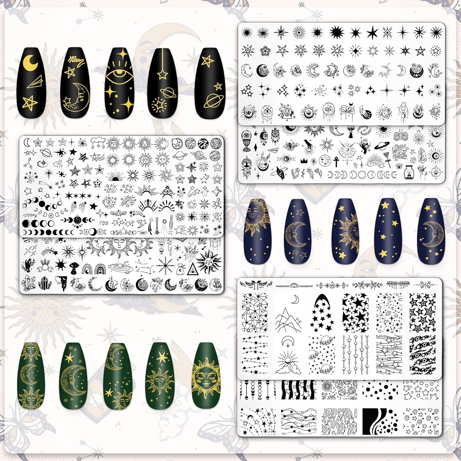 Whaline 6Pcs Sun Moon Star Nail Plates Stamping Set Groovy Stamp Templates Nail Art Plates for DIY Print Manicure Salon Design Gift Supplies-BrightBean Baby