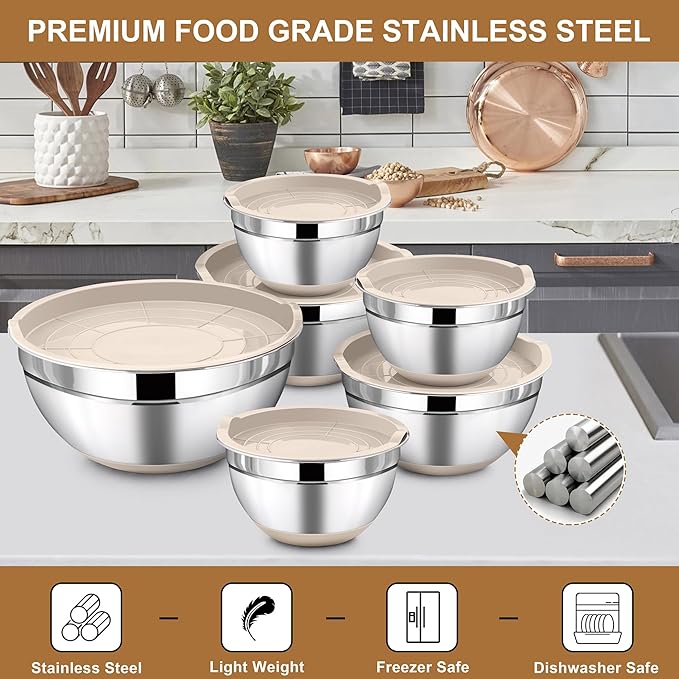 LIANYU Stainless Steel Mixing Bowls Set with Airtight Lids, 6 Piece Nesting Metal Bowls for Kitchen Baking Cooking Serving Food Storage, Size 7, 3.5, 2.5, 2, 1.5, 1QT, Non-slip Bottom, Khaki