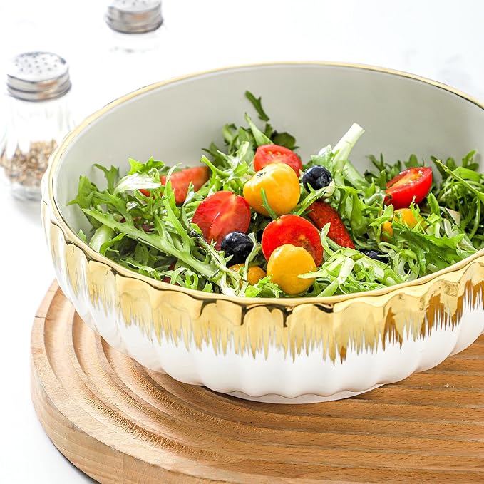 LETAOTAO Serving Bowls, 8 inch Large Salad Bowls, Ceramic Bowl Set of 2 White Bowl with Gold Trim, Kitchen Decorative Bowls Set for Kitchen, Salad, Soup, Pasta and Dinner(60 oz)