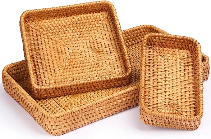 Rattan Tray Set of 3, Rectangular Woven Wicker Tray, Natural Wicker Rattan Serving Baskets for Table Kitchen Bathroom Counter Organizing
