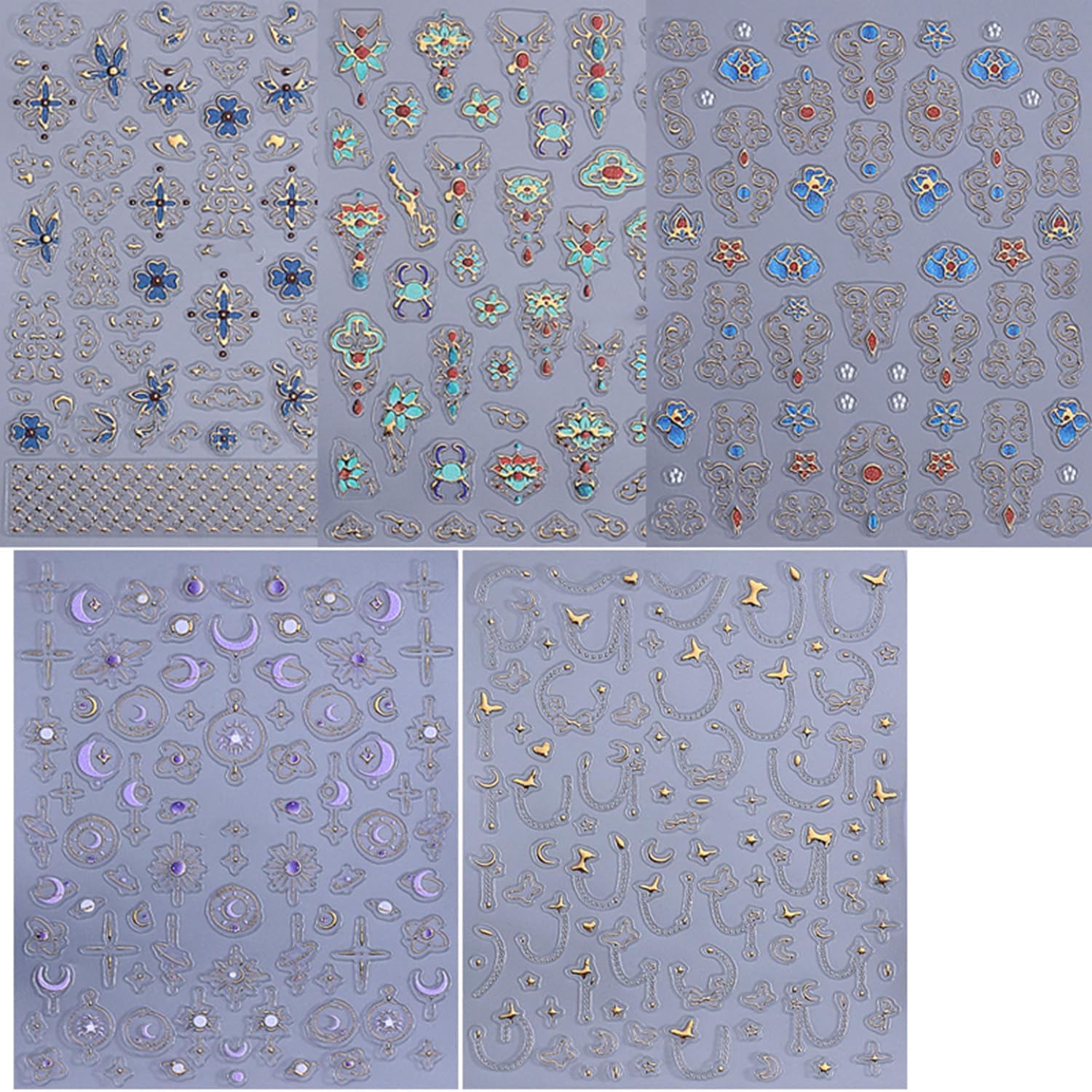 5 Sheets Bohemian Style Nails Art Stickers 3D Self-Adhesive Relief Nails Stickers Stars Moon Sun Golden Butterfly Flower Nail Decal Supplies Women's DIY Bohemian Nail Art Decoration-BrightBean Baby