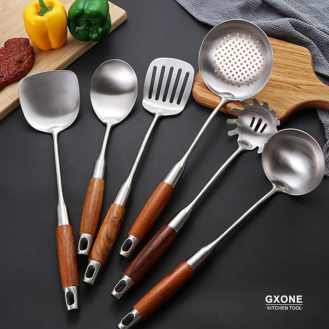 Spaghetti Spoon,304 Stainless Steel Pasta Spoon with Heat Resistant Wooden Handle,Silver/14.2Inch