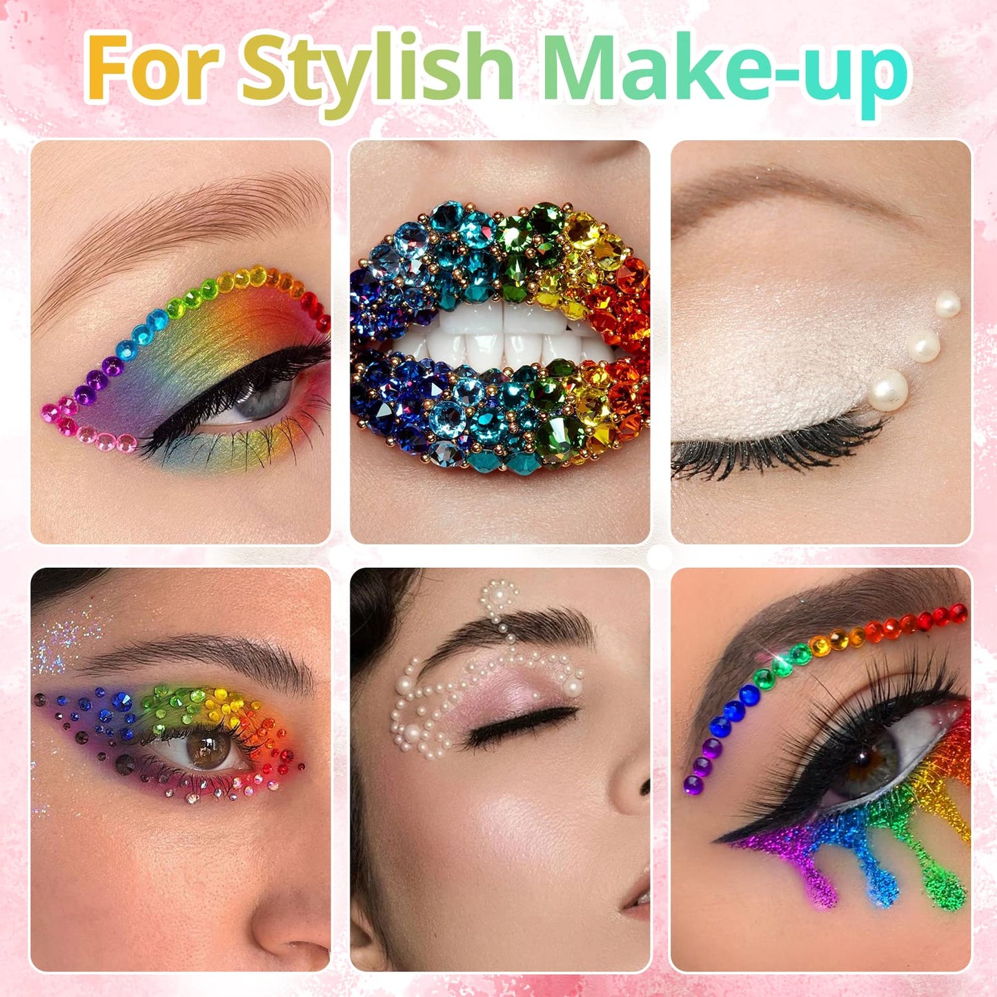 Colorful Flatback Face Gems and Beige Pearls for Makeup with Quick Dry Glue, Half Round Pearls Nail Art Rhinestones Glass Crystal Beads for Make-up Deco with Pickup Pencil + Tweezer-BrightBean Baby