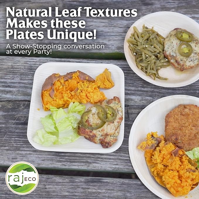Raj Palm Leaf Plates [50-Pack] 10"x25 7"x25 Square Plates like Bamboo plates Disposable, Decorative Compostable Tableware for wedding, Lunch, Dinner, Birthday, Camping, Outdoor BBQ, Picnic