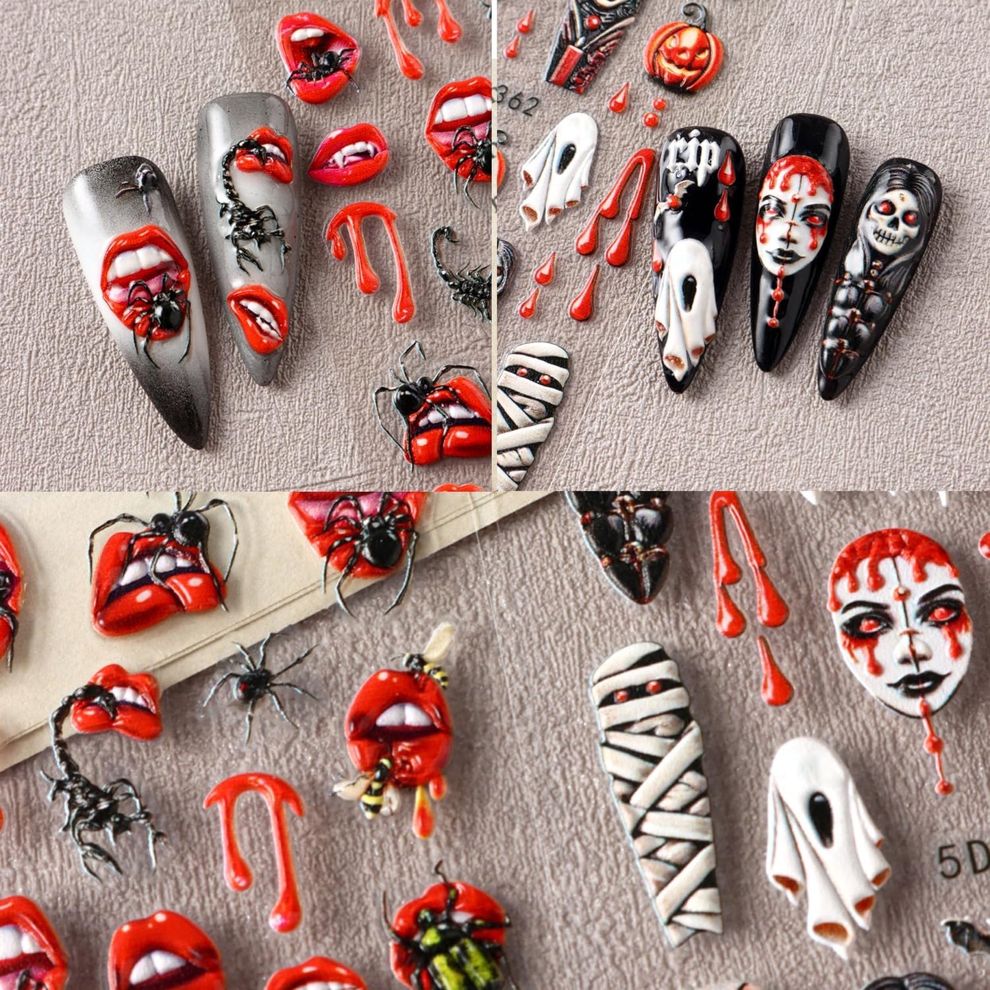 2 Sheets Halloween Nail Art Stickers 5D Embossed Horror Ghost Nail Stickers Big Red Lips Pumpkin Devil's Flame Eye Bat Design Terror Spider Mummy Nail Decals for Women Acrylic DIY Nail Decorations-BrightBean Baby