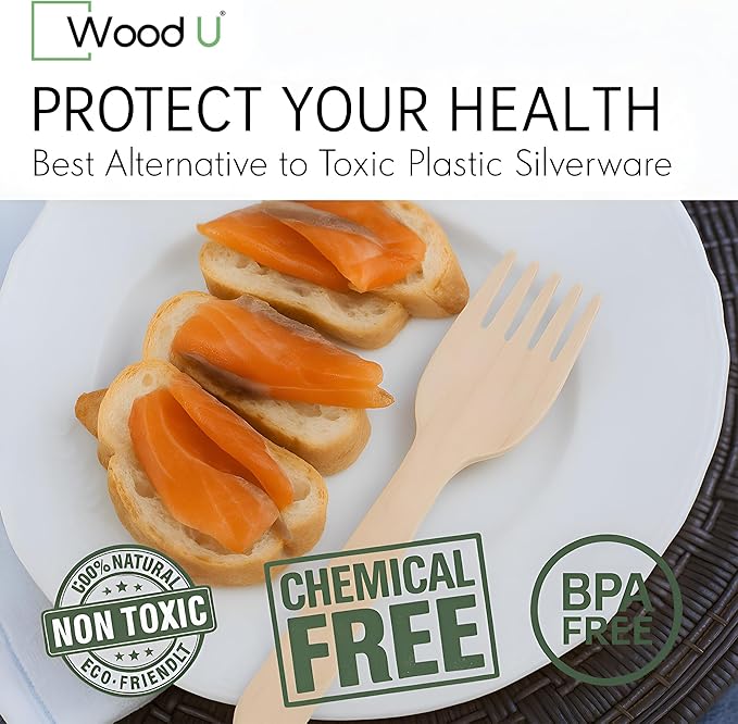 Disposable Wooden Forks by WoodU | 100% All-Natural, Eco-Friendly, Biodegradable, and Compostable - Pack of 200-6.5" forks cutlery utensils