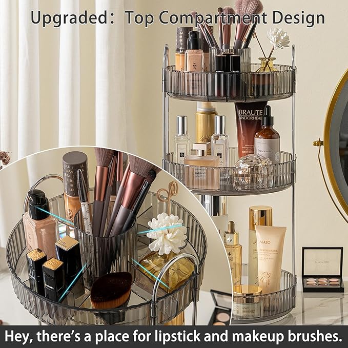 Rotating Makeup Organizer for Vanity, High-Capacity Skincare Clear Make Up Storage Perfume Organizers Cosmetic Dresser Organizer Countertop 360 Spinning (Gray, New-3 Tier)-BrightBean Baby