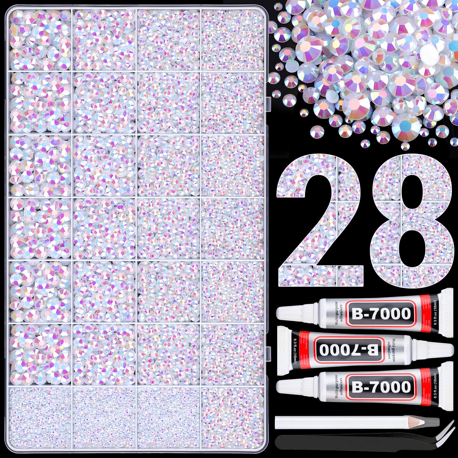 30000Pcs Resin Rhinestones for Bedazzling with 3Pcs B7000 Jewelry Glue, White AB Flatback Gems Rhinestones for Crafting, Clothing Tumblers Mugs Shoes Fabric Decor Nail Art-BrightBean Baby