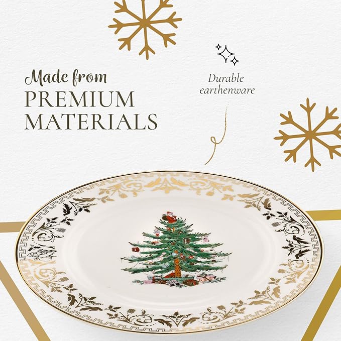 Spode Christmas Tree Gold Salad Plate (Set of 4) – 8-Inch Porcelain Dinner & Appetizer, Christmas Dinnerware & Holiday Tableware, Microwave & Dishwasher Safe, Festive Seasonal Dining Plate
