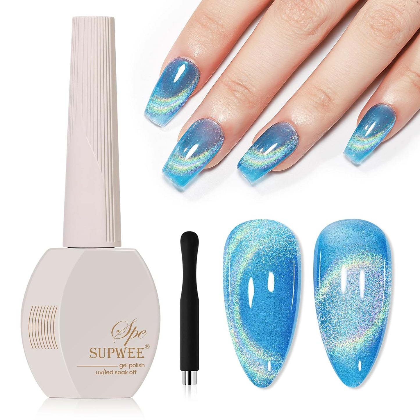 Blue Holographic Gel Nail Polish with Magnetic Rainbow Cat Eye Gel Nail Polish Cateye Glitter Nails Polishes Gels Iridescent Effect for Home DIY Women Girls-BrightBean Baby