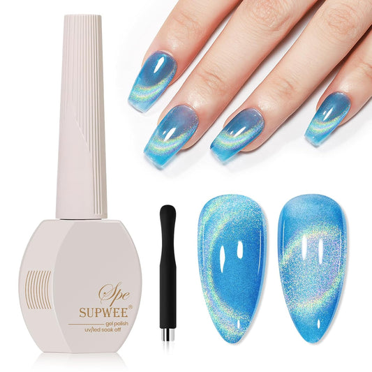Blue Holographic Gel Nail Polish with Magnetic Rainbow Cat Eye Gel Nail Polish Cateye Glitter Nails Polishes Gels Iridescent Effect for Home DIY Women Girls-BrightBean Baby