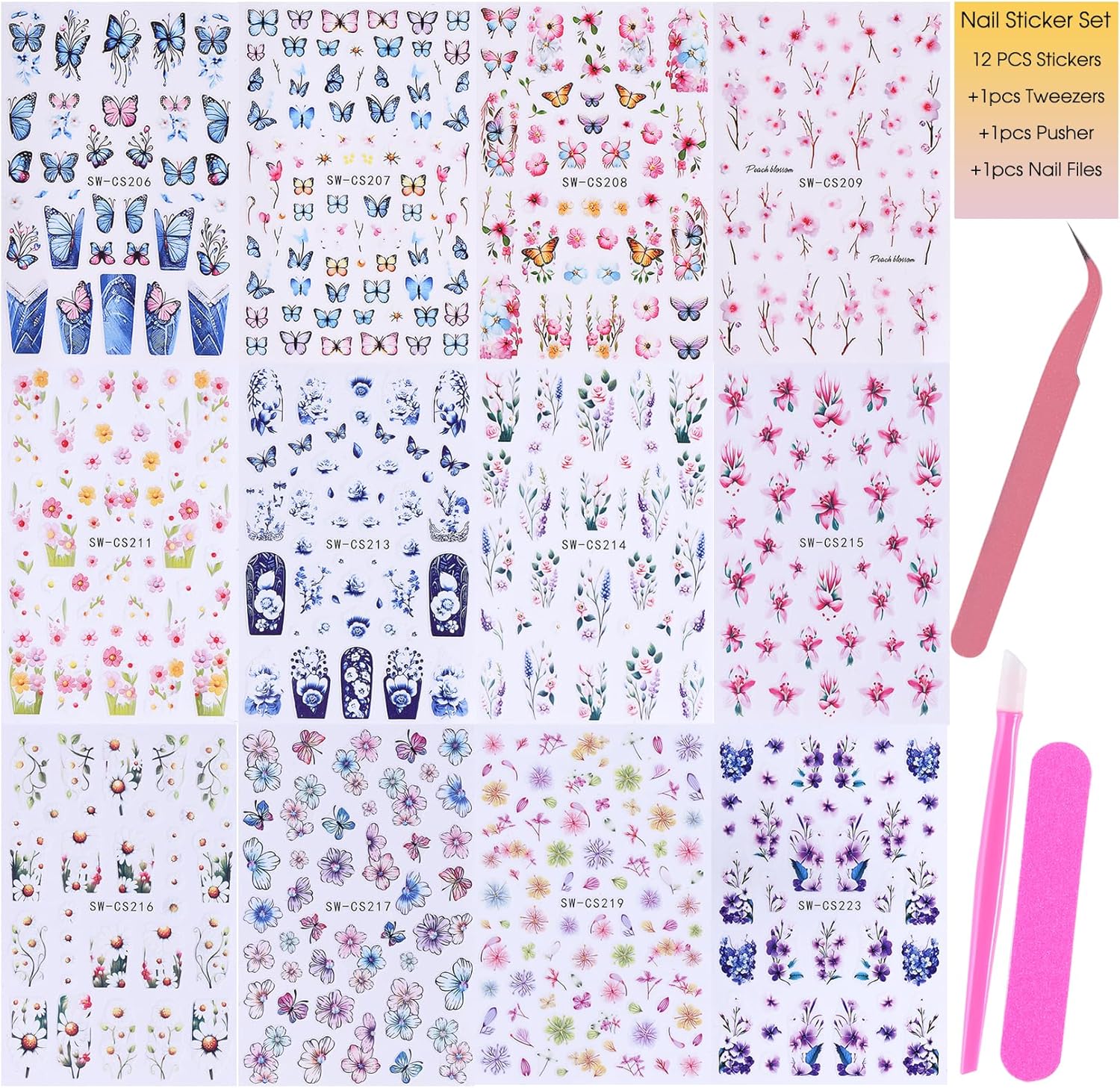 Flower Stickers for Nail Art Decals - 12 Sheets Spring Butterfly Nail Stickers with Tweezers 3D Floral Leaves Plant Nail Art Designs DIY Self Adhesive Daisy Blossom Nail Supplies Decorations-BrightBean Baby