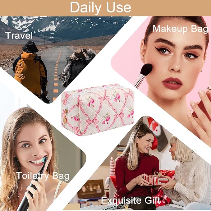 Makeup Bag Travel Cosmetic Bag for Women Girls, Zipper Make Up Pouch, Floral Flowers Toiletry Organizer Makeup, Portable Storage Bag, Cosmetic Travel Cloth Bag (2 Pack (L+S)/Pink Bowknot)-BrightBean Baby