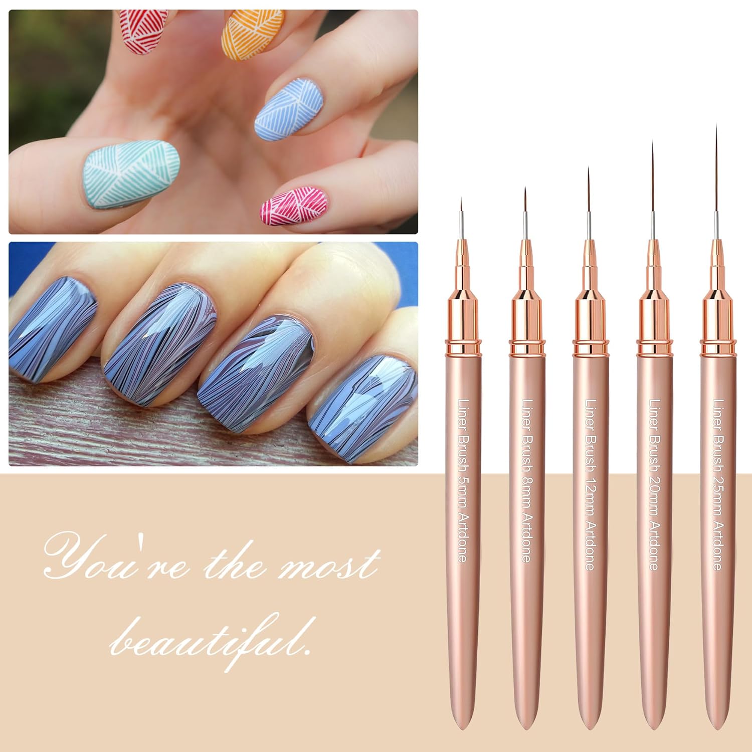 Artdone Metallic Nail Art Pens, Liner Brushes Set, 5PCS Copper Color Nail Tools For Long Lines, Thin Details, Fine Drawing, Liner Brush UV Gel Polish Painting Nail Design Sizes 5/8/12/20/25mm-BrightBean Baby