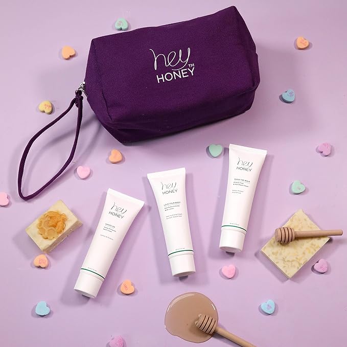 Hey Honey 4pc Set: Love Your Body Lotion, Walk The Walk Foot Cream, Hands On Honey Hand Cream, Eco Makeup Bag. Perfect for Valentine's, Xmas, Birthdays-BrightBean Baby