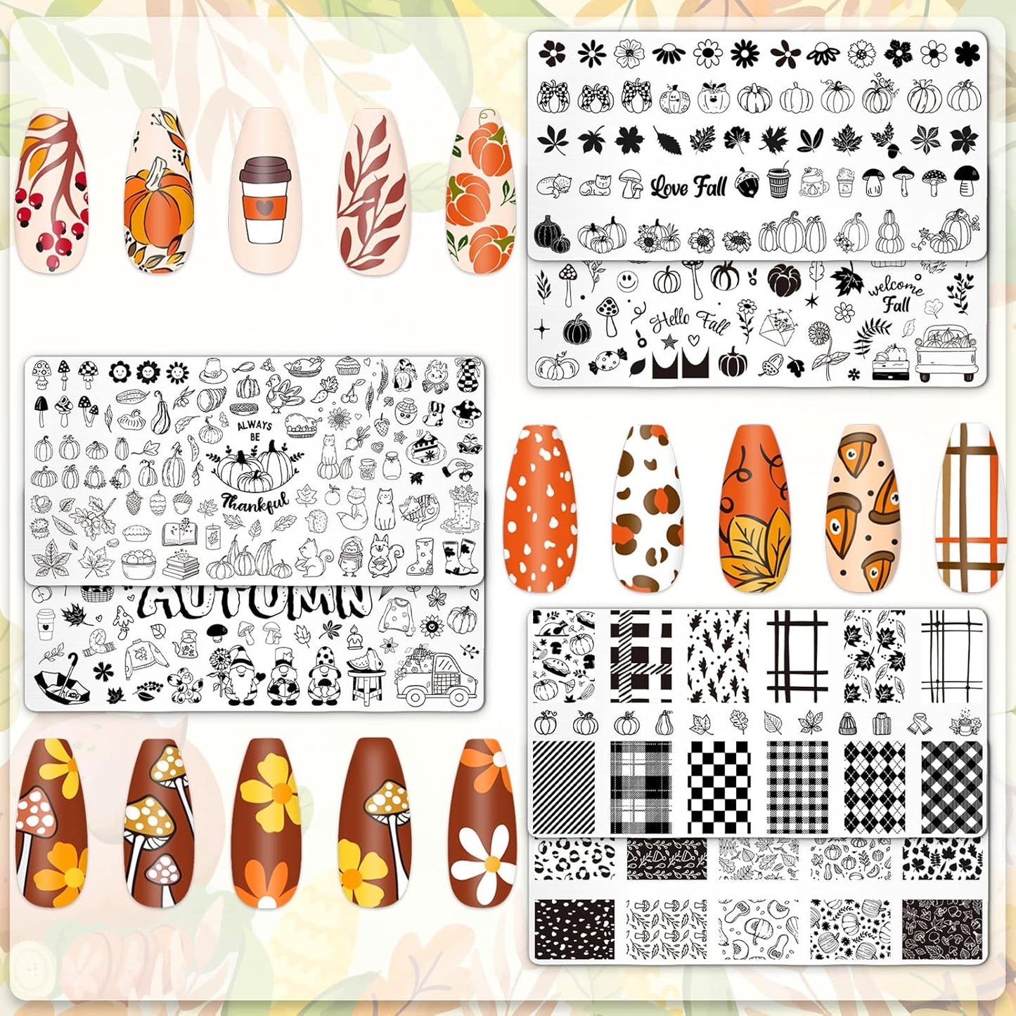 Whaline 6Pcs Fall Nail Plates Stamping Set Pumpkin Leaves Stamp Templates Nail Art Plates for Autumn Harvest Thanksgiving DIY Print Manicure Salon Design-BrightBean Baby