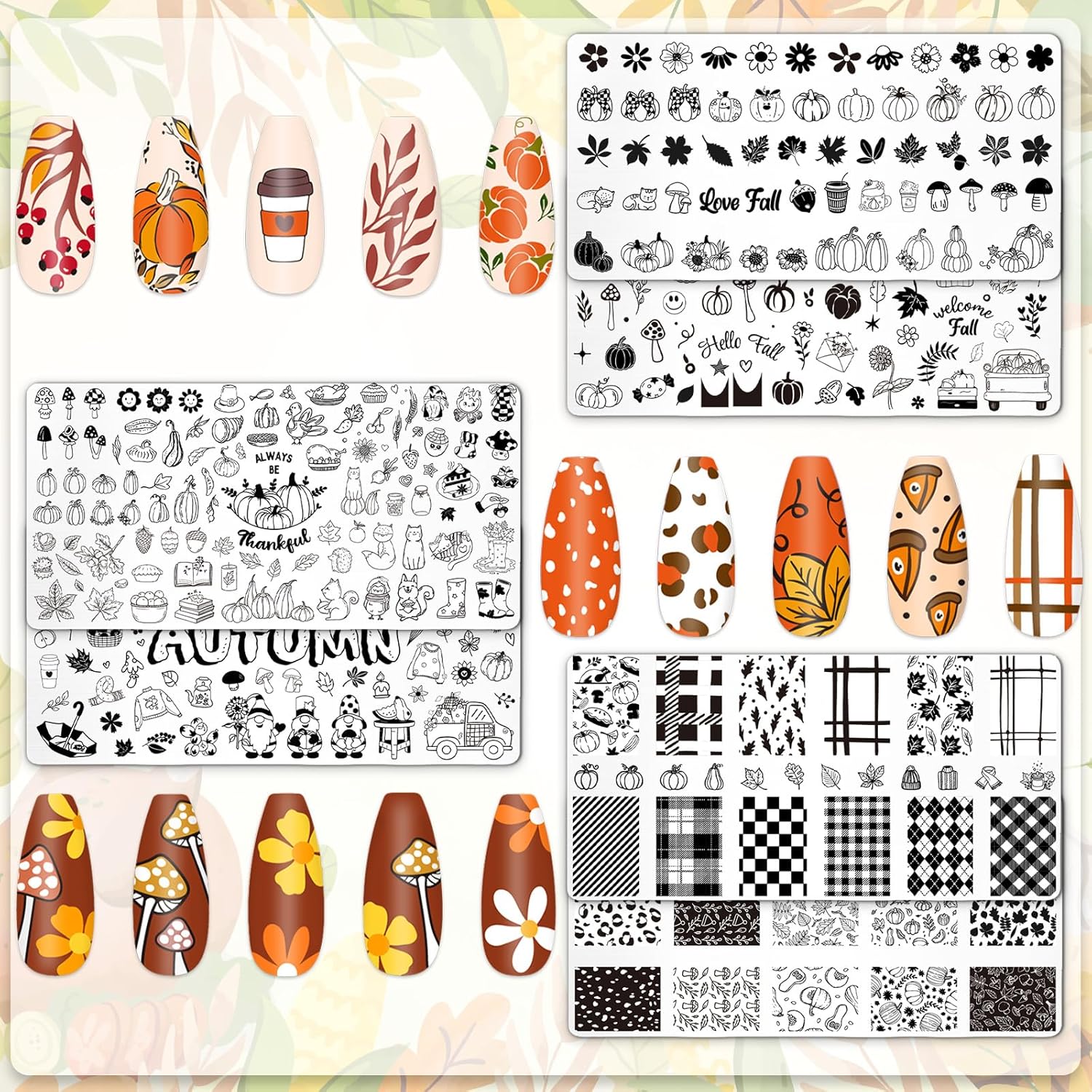 Whaline 6Pcs Fall Nail Plates Stamping Set Pumpkin Leaves Stamp Templates Nail Art Plates for Autumn Harvest Thanksgiving DIY Print Manicure Salon Design-BrightBean Baby