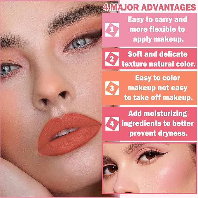 Cream Blush Stick with Brush, Waterproof, Long Lasting, Natural Finish, Rose Red - Compact Stick for All Skin Tones-BrightBean Baby