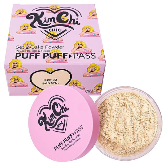 Kimchi Chic Beauty Puff Puff Pass Set and Bake Powder, Loose Face Powder with Extra Fluffy Setting Powder Puff, Soft Translucent Face Makeup for Uneven Skin Tone, 02 Banana-BrightBean Baby
