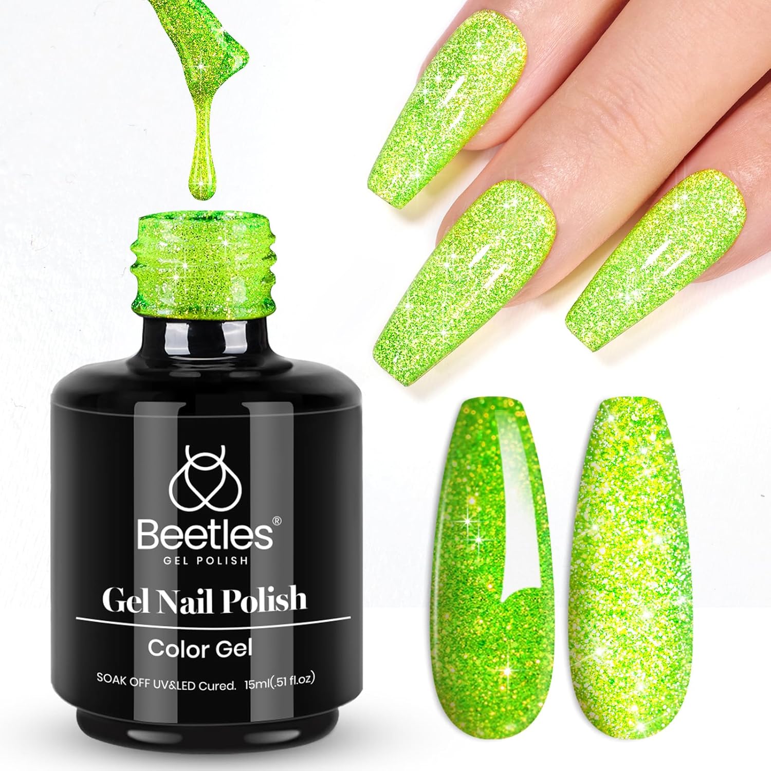 beetles Gel Polish Green Glitter Gel Nail Polish 15ml Reflective Nail Art Manicure Salon DIY at Home Gifts for Women Lime Shock-BrightBean Baby