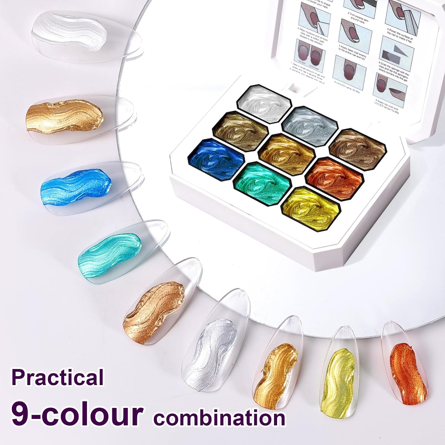 Gradient Painting Gel, 9 Colors Ombre Gel Nail Polish Gold Silver Metallic Effect Pigment Pat Aura Nails French Manicure Soak Off UV Long-lasting Home Salon DIY Nail Art Satin Metal(01)-BrightBean Baby