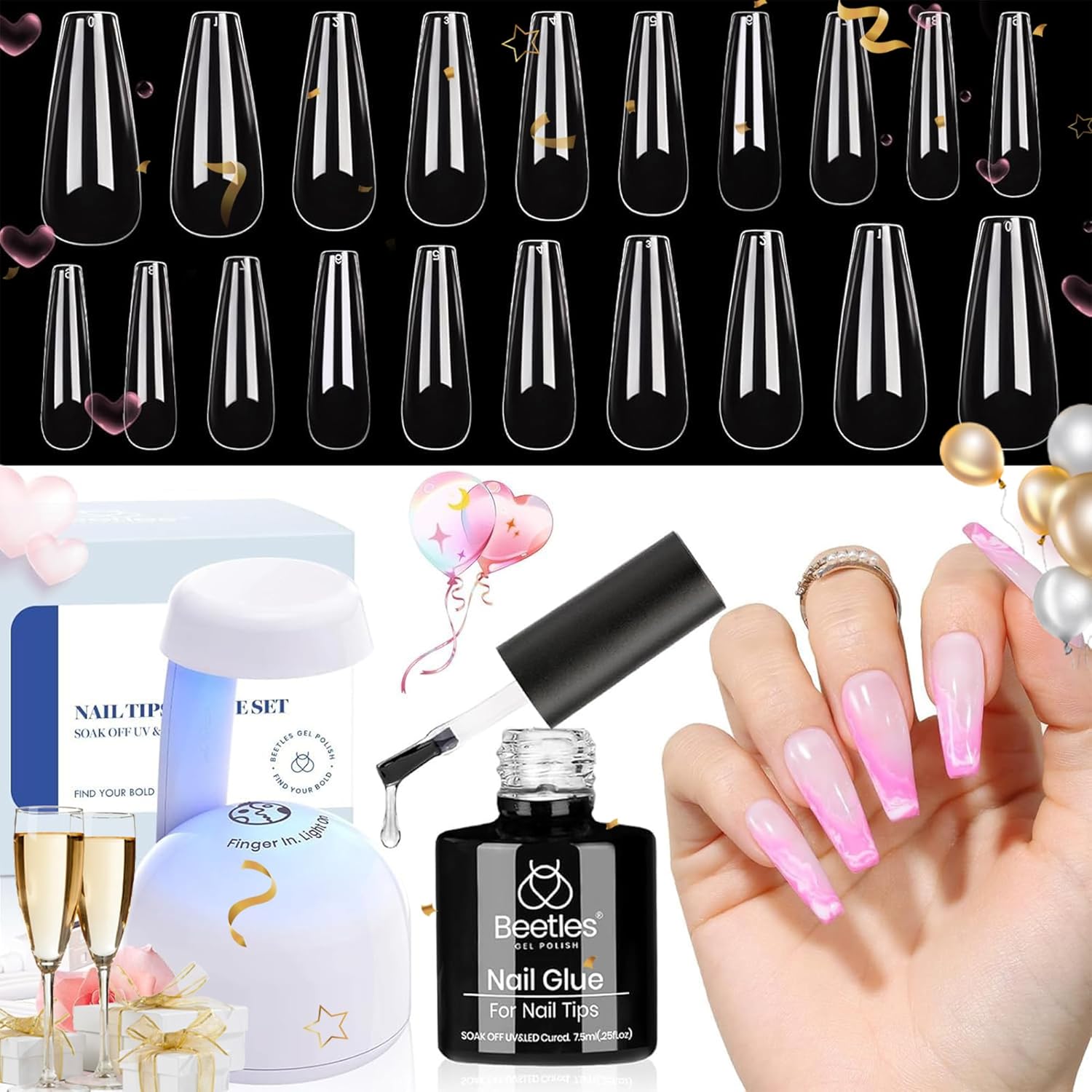 Beetles Gel Nail Kit Easy Nail Extension Set with 500Pcs Nail Tips Coffin Shape 5 In 1 Nail Glue Base Gel and Innovative Led Lamp Easy Diy Nails Art Home Gelly Tips-BrightBean Baby