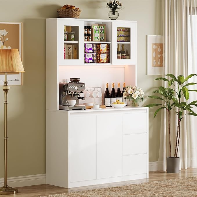 Garvee Kitchen Pantry Cabinet,71 in Tall Storage Cabinet with Doors&Shelves Adjustable, Kitchen Storage Hutch with Microwave Shelf, Led Lights&Charging Station,Corner Pantry Cabinet