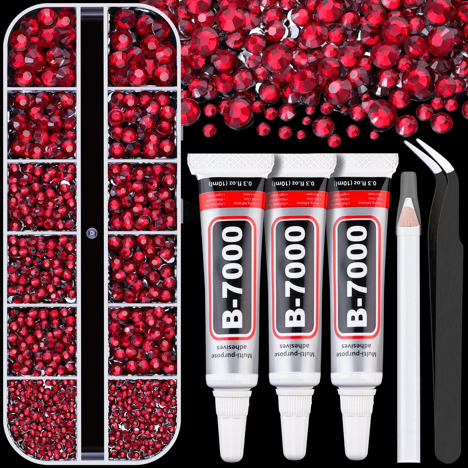 Resin Rhinestones for Crafting with B7000 Jewelry Glue, 1 Box Dark Red Flatback Crystals with 3Pcs 10ml Glue for Bedazzling Crafts DIY Nail Art Makeup，Non Hotfix Gems for Clothing Shoes-BrightBean Baby