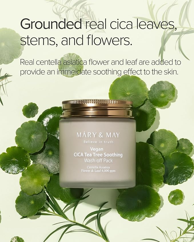 Mary&May Vegan Cica Tea Tree Soothing Wash Off Pack - Natural Centella Clay Mask for Sensitive Skin, Relieves Irritation, Cleanses Pores, and Hydrates, 4.23oz.-BrightBean Baby