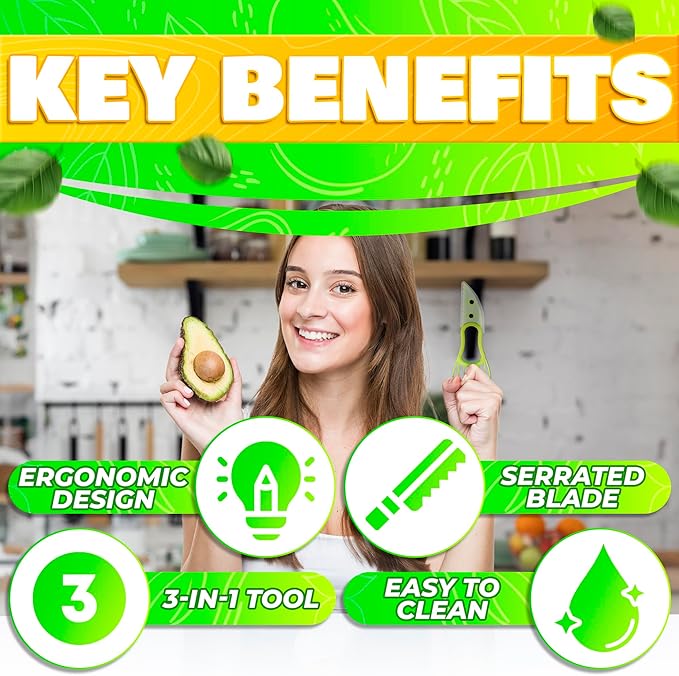 Avocado Slicer Tool 3 in 1 – Food-Grade Plastic Cutter, Peeler & Pit Remover for Easy Slicing, Scooping & Quick Food Prep – Easy to Use Kitchen Stocking Stuffers, Durable with Ergonomic Design