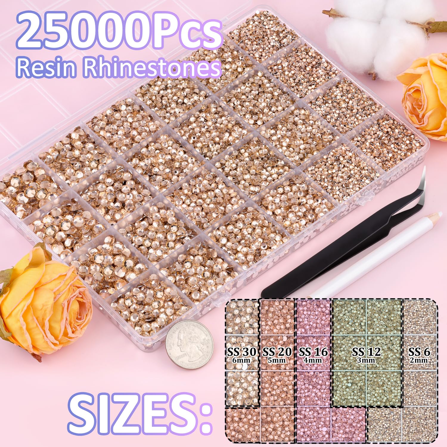 25000Pcs Resin Rhinestones with Tweezers for Crafting, Champagne 2-6mm Mixed Sizes Non Hotfix Flatback Gems, Bedazzling Crystal for DIY Craft Clothing Mugs Tumblers Shoes Fabric Decor Nail Art-BrightBean Baby