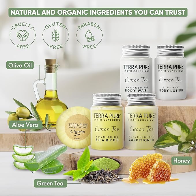 Terra Pure Green Tea Amenity & Accessory Kit | 1 oz Travel Size Shampoo, Conditioner, Lotion, Body Wash, 2 Soap Bars, Shave & Dental Sets, Make-Up Remover Wipes, & Vanity Kit | 1 set per case-BrightBean Baby