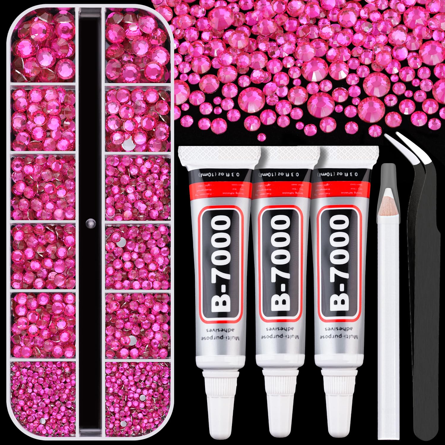 Resin Rhinestones for Crafting with B7000 Jewelry Glue, 1 Box Hot Pink Flatback Crystals with 3Pcs 10ml Glue for Bedazzling Crafts DIY Nail Art Makeup，Non Hotfix Gems for Clothing Shoes-BrightBean Baby
