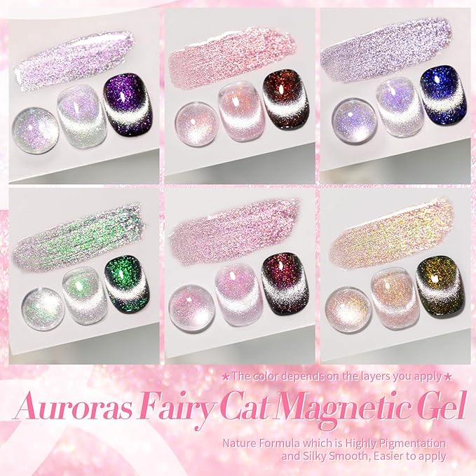 Born Pretty Cat Magnetic Eye Gel Nail Polish, Mermaid Aurora Holographic Pink Blue Green Yellow Gel Polish, Soak Off U V LED Gel Polish Nail Art Design Manicure Salon DIY Home 7ML 6PCS-BrightBean Baby