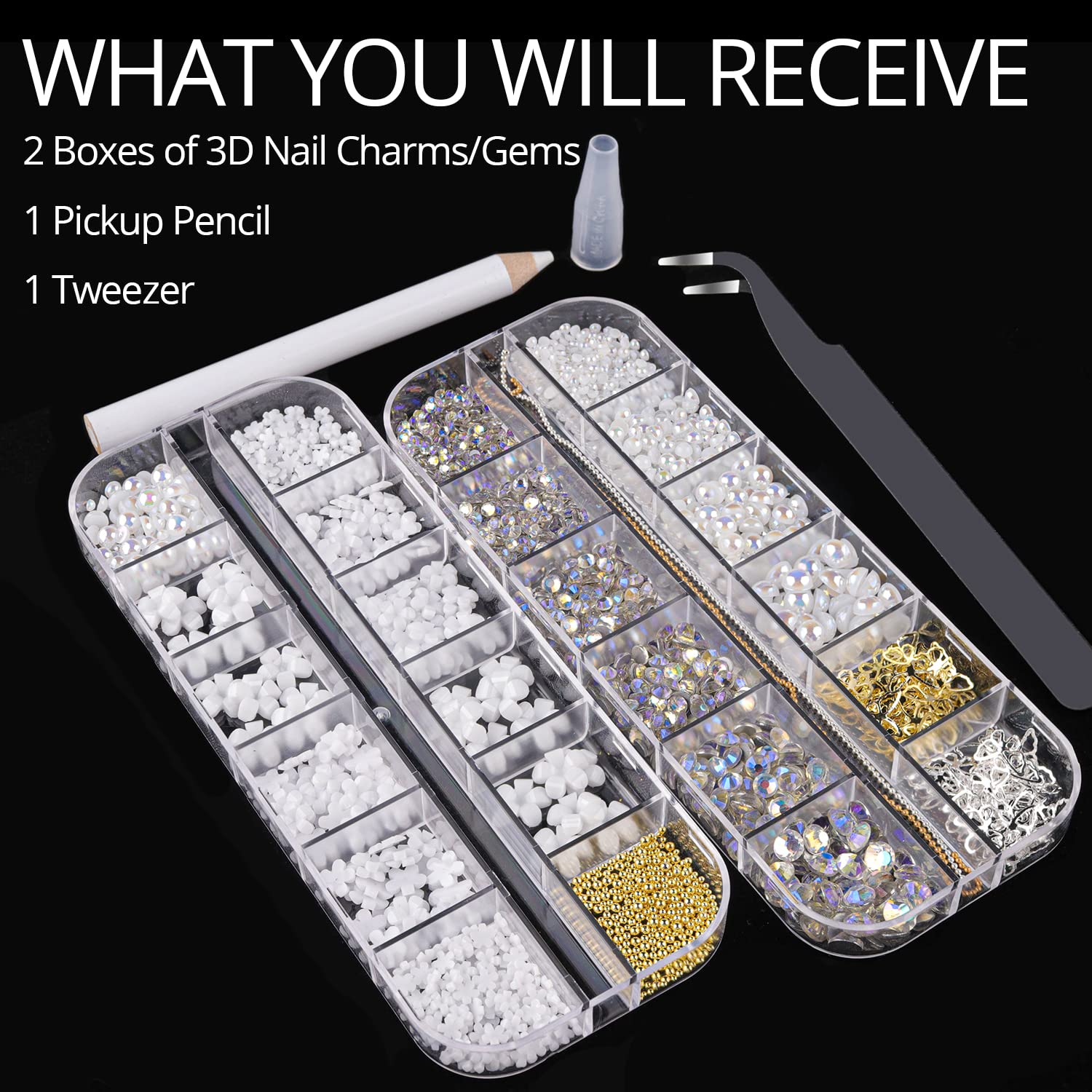 Mixed 3D Nail Art Gem Decoration Accessories Kit #9, Butterfly Starry AB Rhinestone Charm Jewelry for Deco, Pearl Flower Caviar Bead Stone Crystal with Pickup Pencil and Tweezer-BrightBean Baby