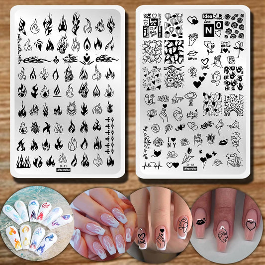 2pcs Large Size Nail Art Image Stamp Stamping Plates Fire Heart Pattern Valentine's Day Nail Stamping Plate Love DIY Nail Stamper Plates Stencil Palm Footprint Manicure Template Tools-BrightBean Baby
