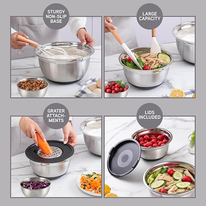 COOK WITH COLOR Stainless Steel Mixing Bowls Set with Lids - Nesting Bowls with Non-Slip Bottom, Silver, 22 Pieces