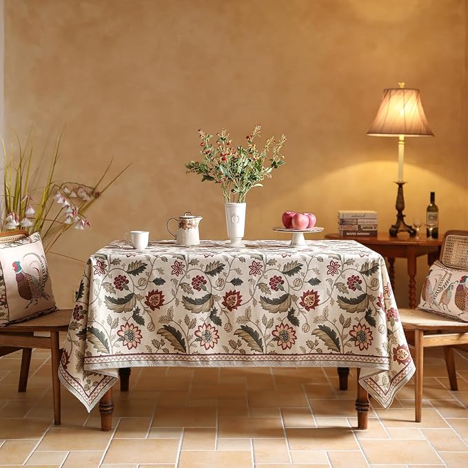 ISAENNE Designer Provence Floral Long Rectangle Tablecloth,Linen Colorful Washable Indoor Table Cloth,Durable Decor Tablecloths for Dining Thanksgiving Kitchen Christmas,63"*102"-Ratina