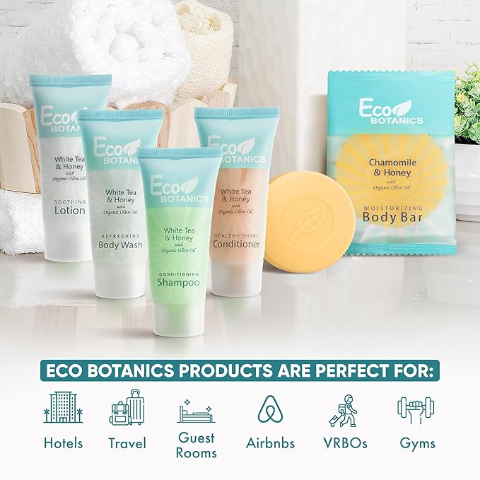 Eco Botanics Hotel Soaps & Toiletries Bulk Set | 0.85oz Hotel Shampoo & Conditioner, Body Wash, Body Lotion & Bar Soap Travel Size | 300 Pieces-BrightBean Baby