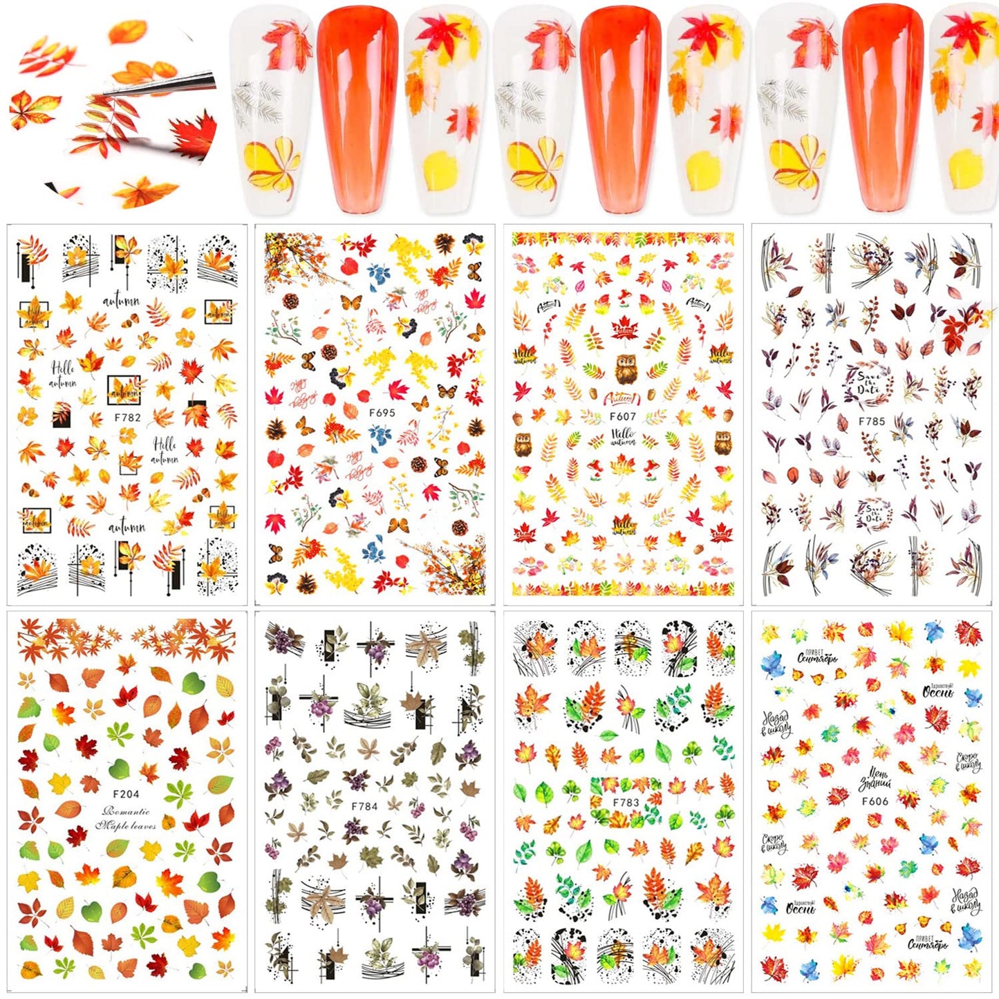 8 Sheets Fall Nail Art Stickers Thanksgiving Nail Decals 3D Maple Leaf Nail Stickers Autumn Butterfly Maple Leaves Nail Designs Decorations for Women Kids Girls Holiday DIY Manicure Charms-BrightBean Baby