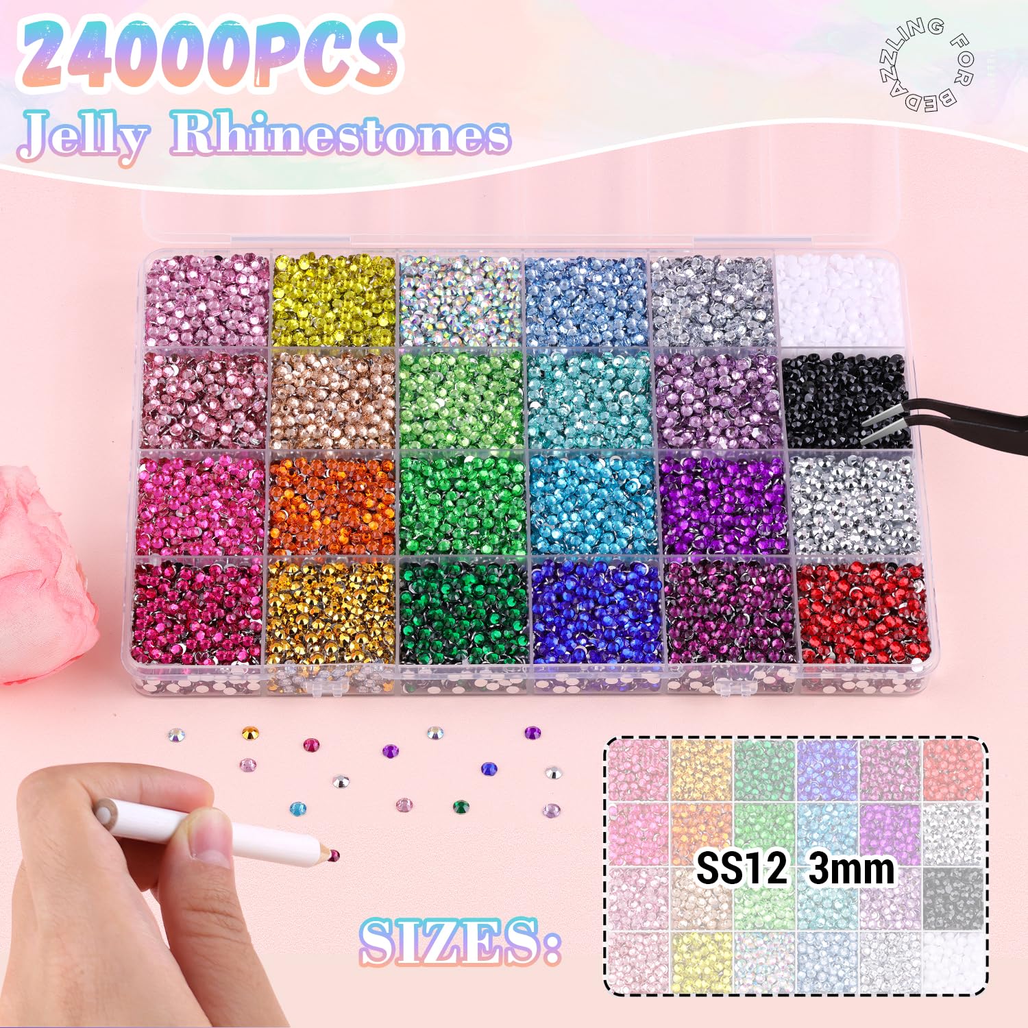 24000Pcs Resin Rhinestones with 3Pcs B7000 Jewelry Glue for Crafting, Multicolors 3mm Non Hotfix Flatback Gems, Bedazzling Crystal for DIY Crafts Clothing Tumblers Mugs Shoes Fabric Decor Nail Art-BrightBean Baby