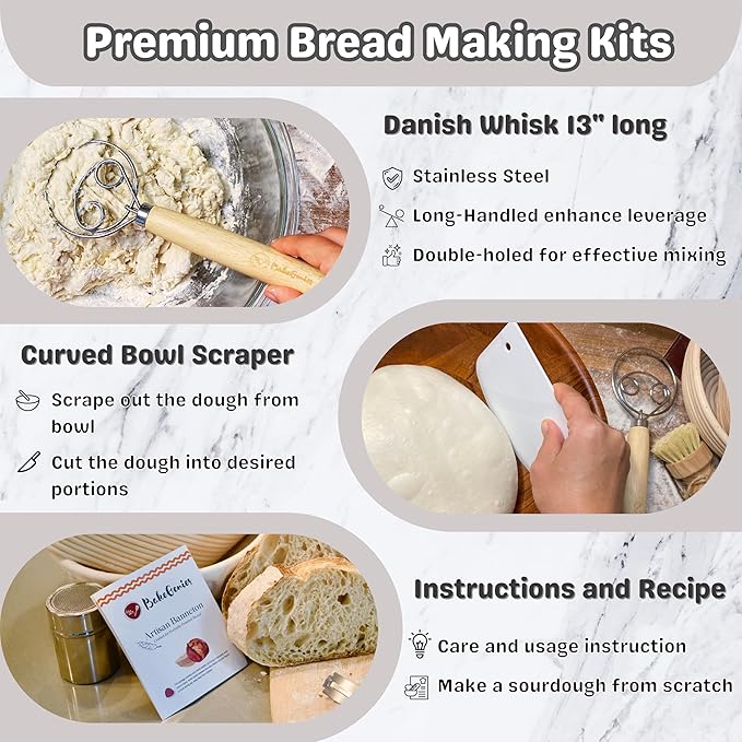 Artisan Bread Banneton Proofing Basket Set of 2, 9 inch Round & 10 inch Oval Sourdough Baskets with Danish Whisk, Dough Cutter, Scraper, Flour duster, Cleaning Brush, Bread Lame &10 Blades