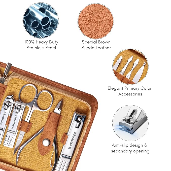 FAMILIFE Manicure Set, Nail Professional Kit Manicure Kits Nail Clipper Sets, 13PCS Stainless Steel Pedicure Sets Mens Grooming Tool, with Brown Leather Travel Case for Men-BrightBean Baby