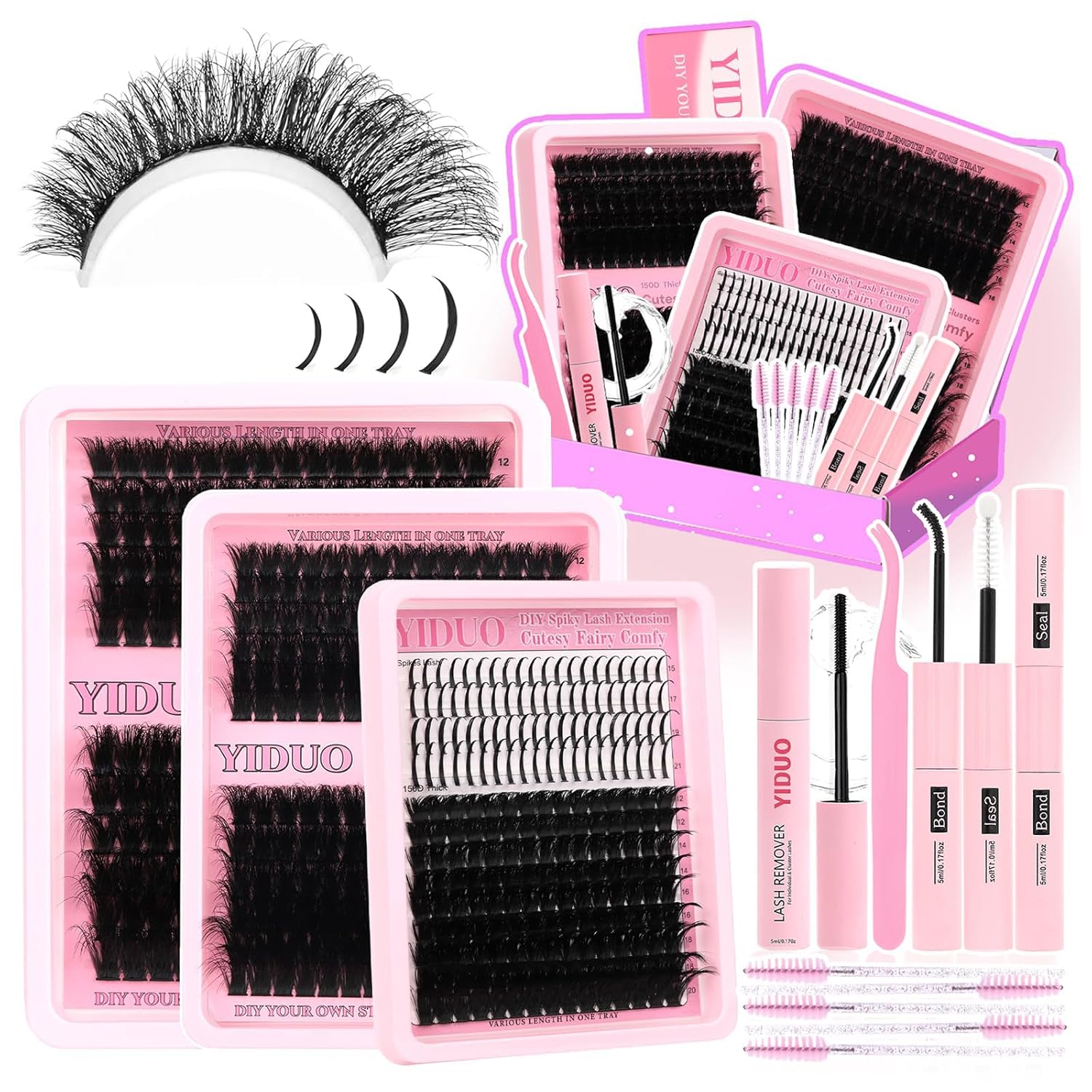 575Pcs Bulk Pack Lashes Clusters Kit with Glue and Removers, D Curl Volume 150D+200D+Spiky Lashes Clusters, 12-21mm Manga Extension Eyelashes DIY Individual False Eyelash Wholesale Pack-BrightBean Baby